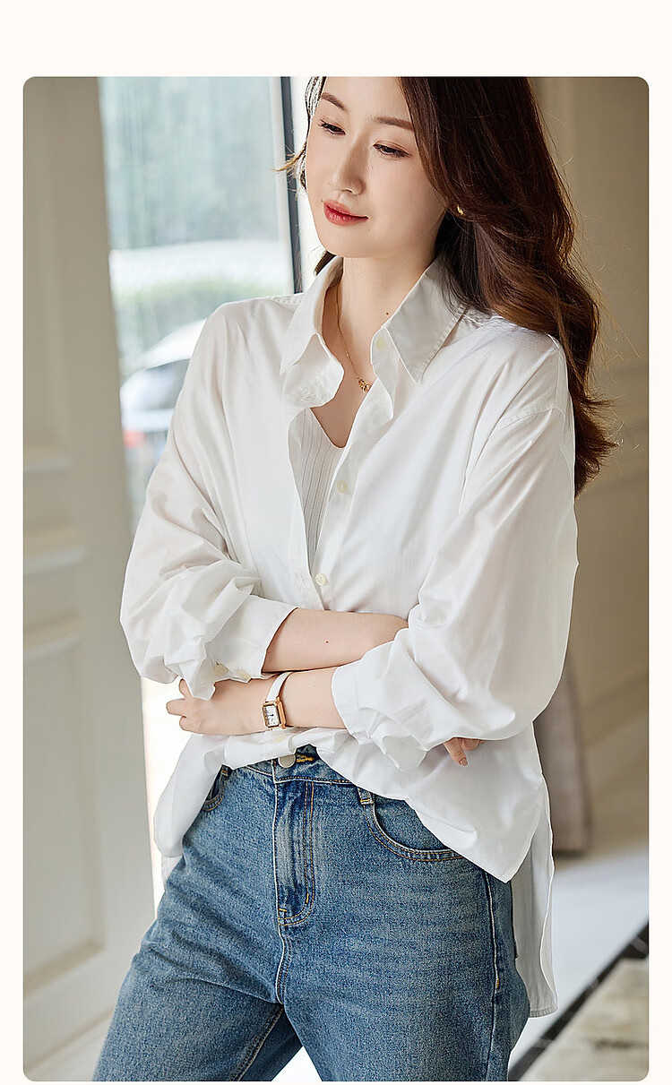 Dme [New Rich Urban Style] Autumn Long-Sleeve Collared Shirt, Cotton Drop-Shoulder Simple Blouse, Women's Top 2