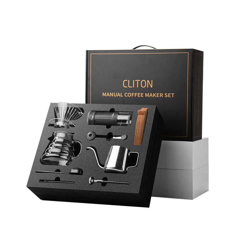 CLITON Hand-Crank Coffee Grinder, External Coffee Bean Grinding Machine, Manual Coffee Grinder, Coffee Pot, Filter Cup, Pour-Over Kettle, Gift Box Set