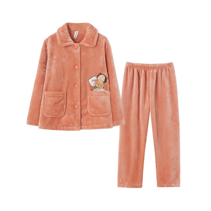 Fenteng Children's Pajamas, Girls' Sleepwear, Fawn Velvet Lapel, Comfortable Embroidered Girls' Pajamas, Loungewear, Q9984741074