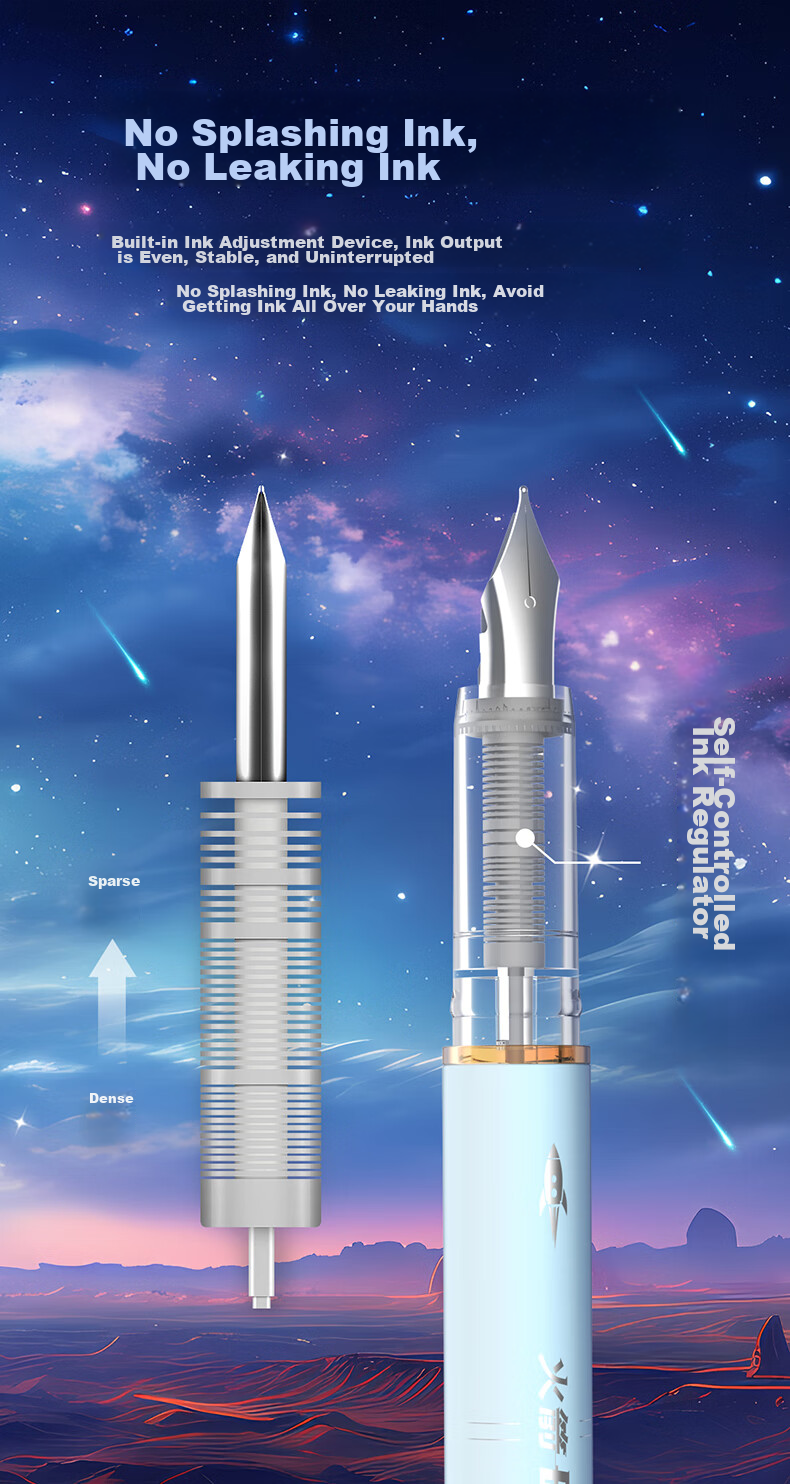 Dianshi Rocket Space Capsule Fountain Pen, Non-Splash F Nib, Third Grade Student Handwriting Practice Calligraphy Fountain Pen, Non-Heat Erasable, Back-To Season, Replaceable Ink Cartridge 7157 (Black Barrel), Magic Liquid Erasable Blue 9