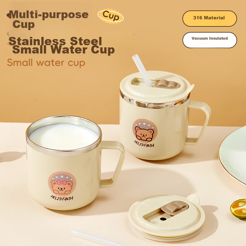 WORTHBUY 316 Stainless Steel Children's Milk Cup, Baby Drinking Cup, Double-Layer Anti-Scalding with Scale And Straw Cup, Bear Desig