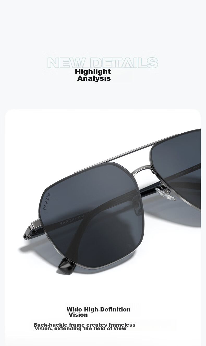 PARZIN Fan Chengcheng Style Double-Beam Alloy Aviator Sunglasses for Men, Polarized Sunglasses, Commuter Driving UV Protection Eyewear 6