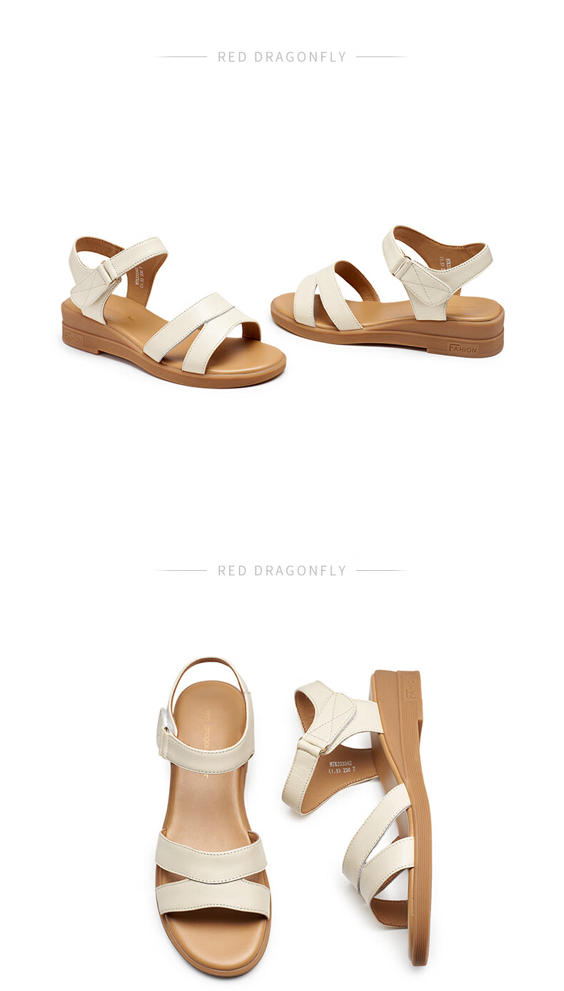 RED DRAGONFLY Genuine Leather Mom Sandals, Summer Comfortable Soft-Soled Shoes for Middle-Aged And Elderly, WTK23336, Beige, Size 35 12