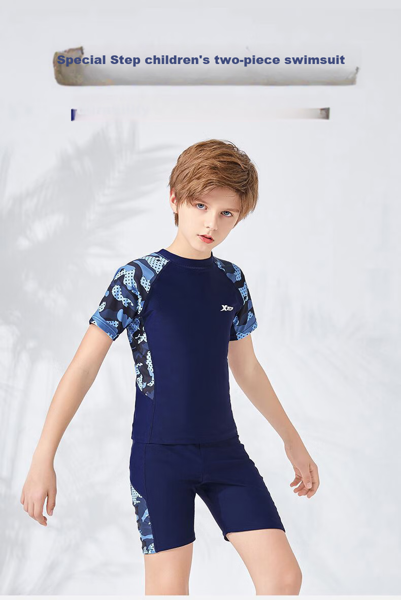 XTEP Children's Swimwear, Boys' Two-Piece Swimsuit, for Toddlers to Older Kids, Sports Swimming Gear, Colorful Blue, Size 130 1