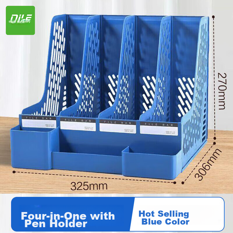 DiLe Premium Series Office Assistant File Tray/document Holder/file Rack/document Organizer/folder Four-Compartment File Basket Low Model with Pen Holder, 1855 Blue