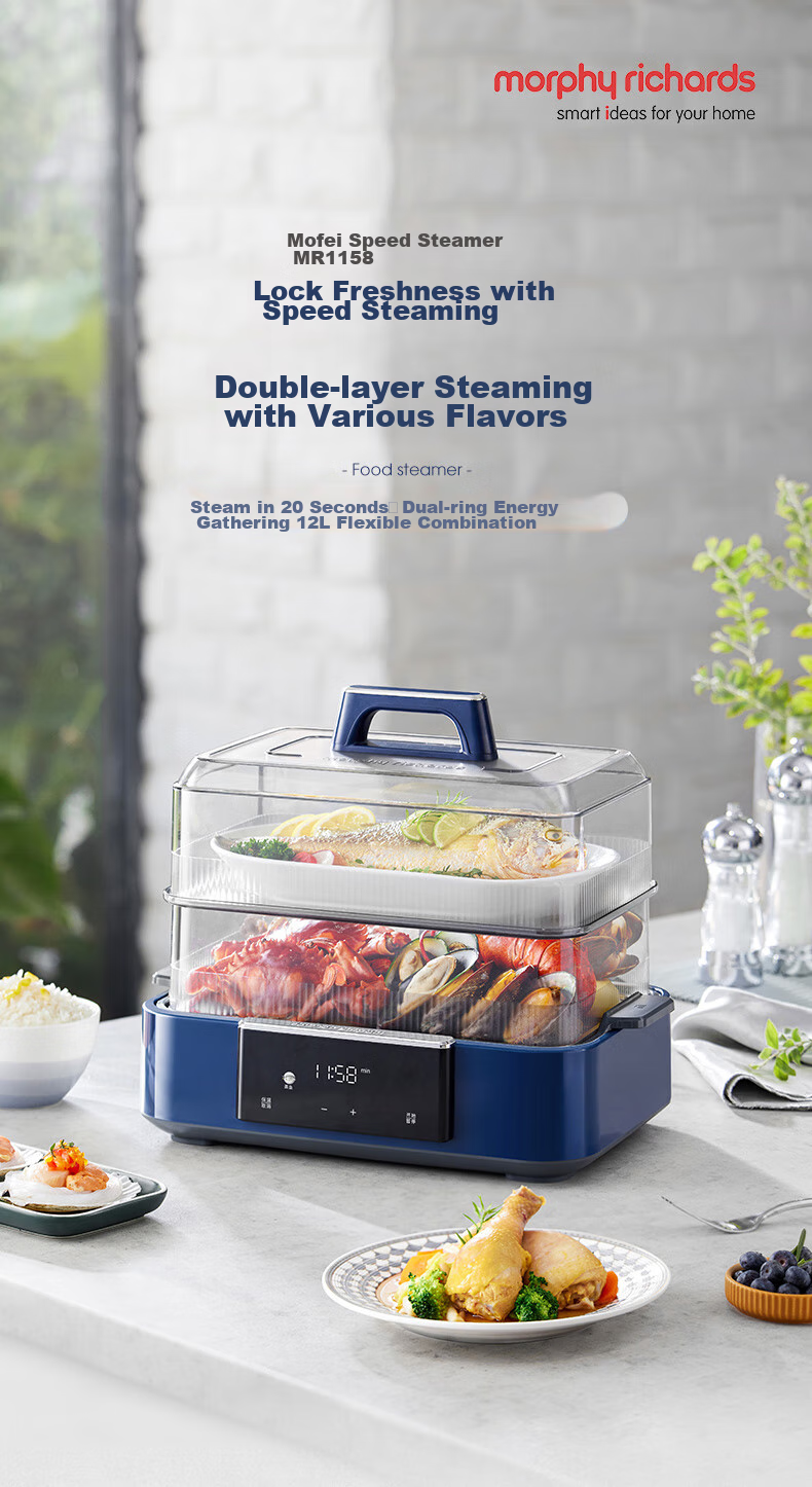 Morphyrichards Electric Steamer Pot for Home Use, 3-4 People Capacity, All-In Stewing And Steaming, Large Stainless Steel Steamer Basket, Programmable Rapid Cooking, Steaming And Stewing Pot, Egg Steamer, Corn Steamer, Breakfast Maker MR1158 White 1