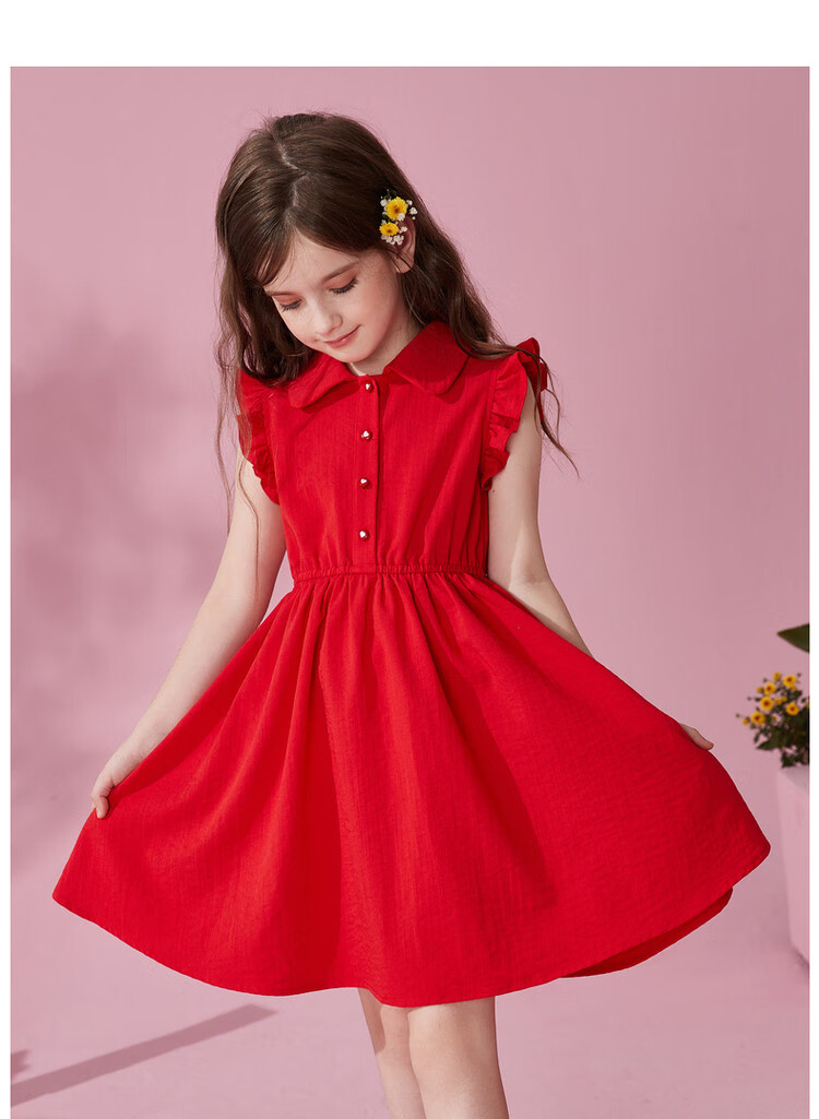 ASK JUNIOR Girls' Summer Dress, Sleeveless Children's Ruffle Trim Thin Shirt Collar Vacation Princess Dress 14