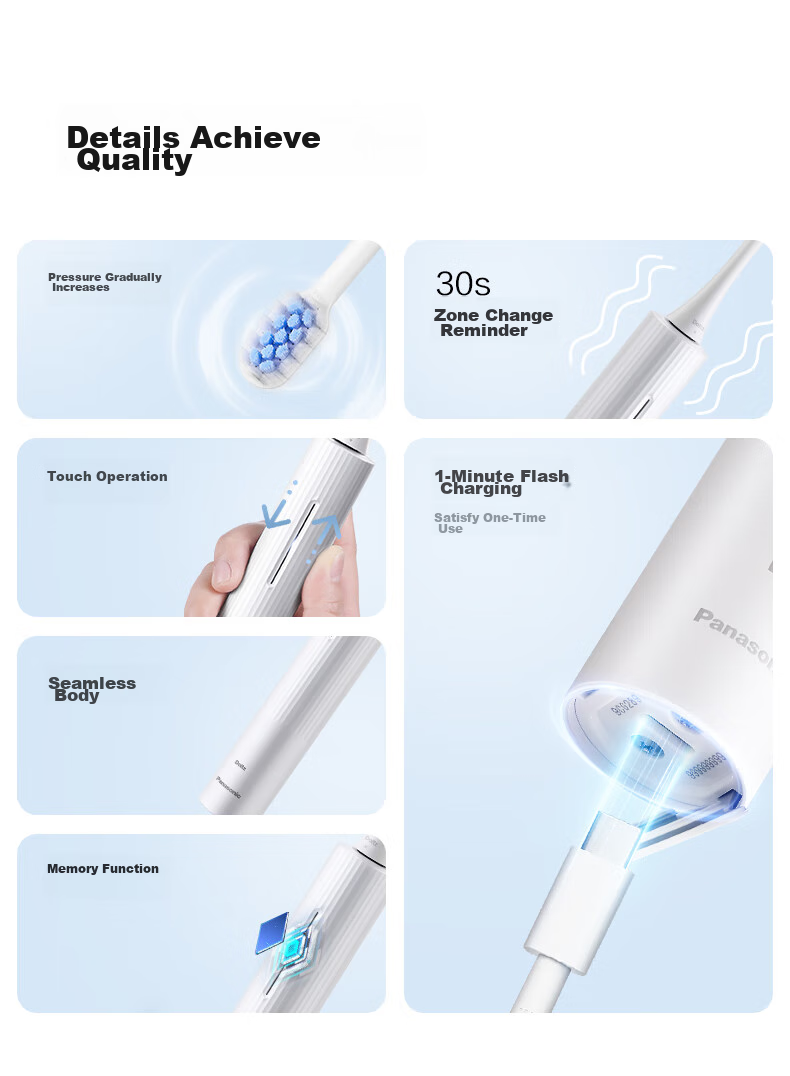 Panasonic [Mid-Autumn Festival Gift] Electric Toothbrush Foam Brush Stain Removal Gum Protection Dual-Effect Smooth Screen Unlock Control Battery Long-Lasting Practical Birthday Gift for Men And Women DC20 Blue 11