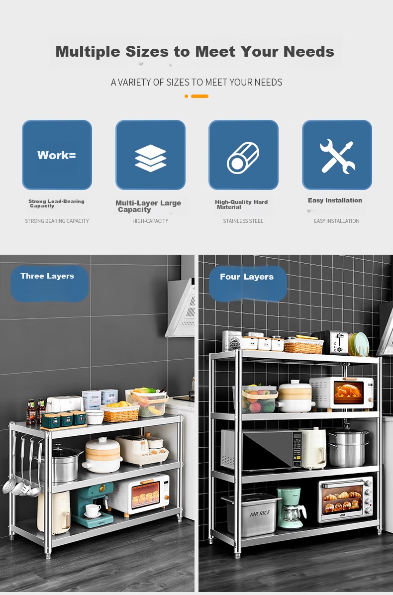 UOEN Stainless Steel Kitchen Multi-Functional Storage Rack, Multi-Layer Floor-Standing Household Cabinet, Microwave Oven Workbench Storage Shelf 4