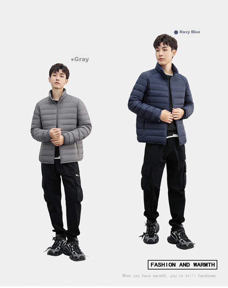 YAYA Men's Short Ribbed down Jacket with Stand Collar, Solid Color, Warm Duck down, Versatile Fashionable Couple's Lightweight down Coat 3