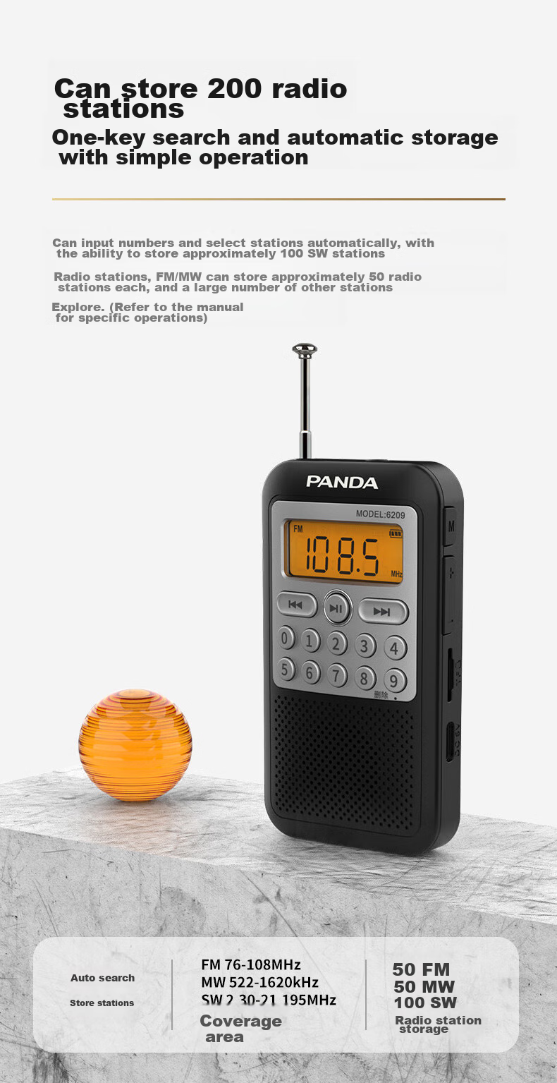 Panda 6209 Mini Radio, Full Band Portable, Card-Insertable, Elderly Gift, Rechargeable Semiconductor Stereo Broadcast 4