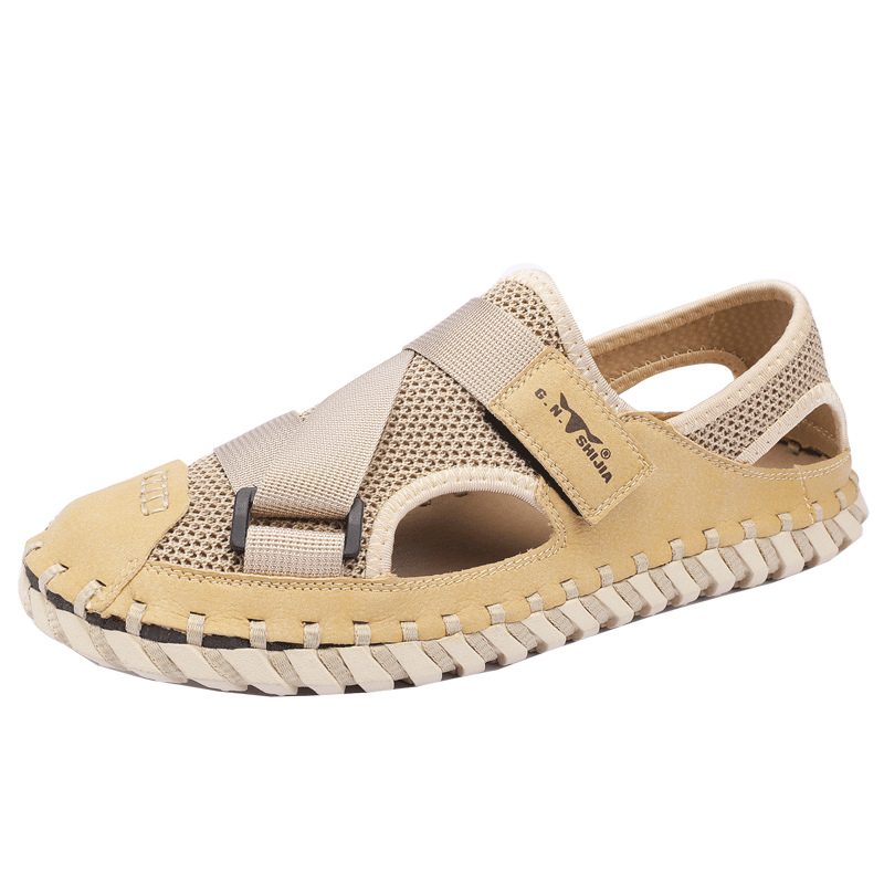G.N.Shi Jia Men's Sandals, Summer Closed-Toe Beach Shoes, Soft Leather Soft-Soled Outdoor Casual Trendy Men's Clogs, Sand Color, Size 43