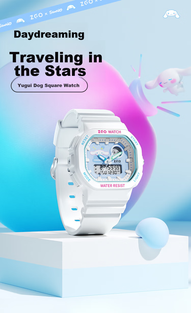 ZGO x Sanrio Student Watch for Girls, Electronic Sports Wristwatch for Middle and High School Students, High-Value Design, 810 Pudding Dog 1