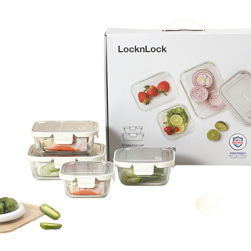 LOCK&LOCK Glass Food Storage Containers, Airtight Sealed Refrigerator Lunch Boxes, Storage Containers Set of 4 (With Stainless Steel Lids, Dishwasher Safe)