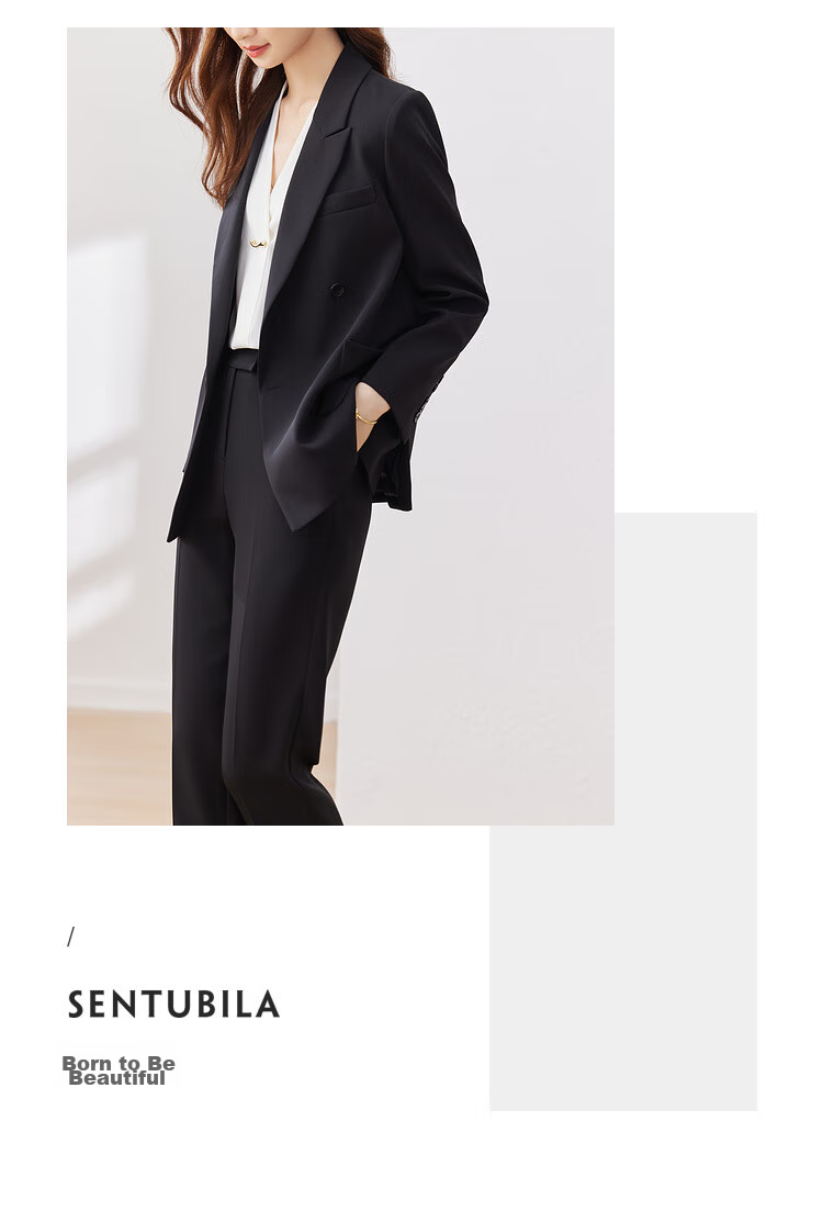 Sentubila Formal Professional Suit Set for Women, Spring And Autumn Elegant Blazer Jacket with Cropped Pants Two-Piece Set, Black, Size S 14