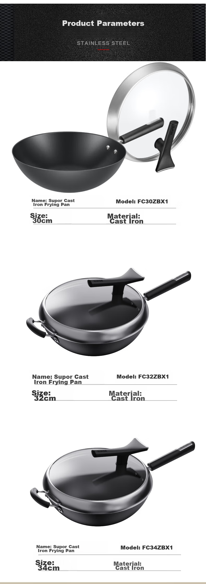SUPOR Cast Iron Wok, 30cm, Non-Coated Flat Bottom Frying Pan, Scratch-Resistant, Wear-Resistant, Compatible with Induction Cooker And Open Flame 14