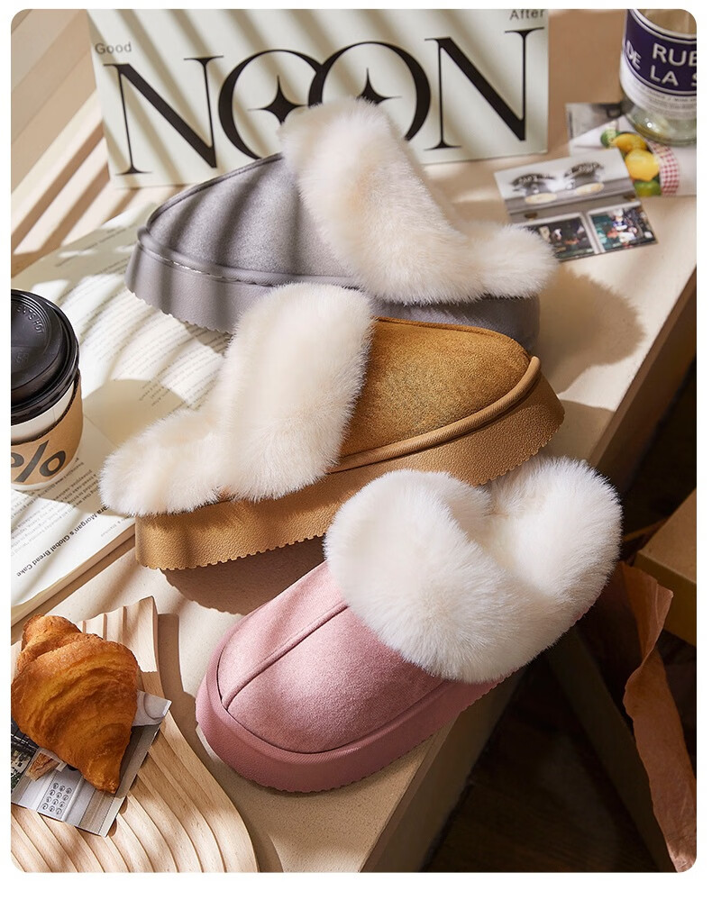 GUOLUOFEI Leather And Fur Integrated Thick Cotton Slippers for Men And Women, Home And Outdoor Wear, Furry Fleece-Lined Warm Couple Style, Gray, Size 42-43 20