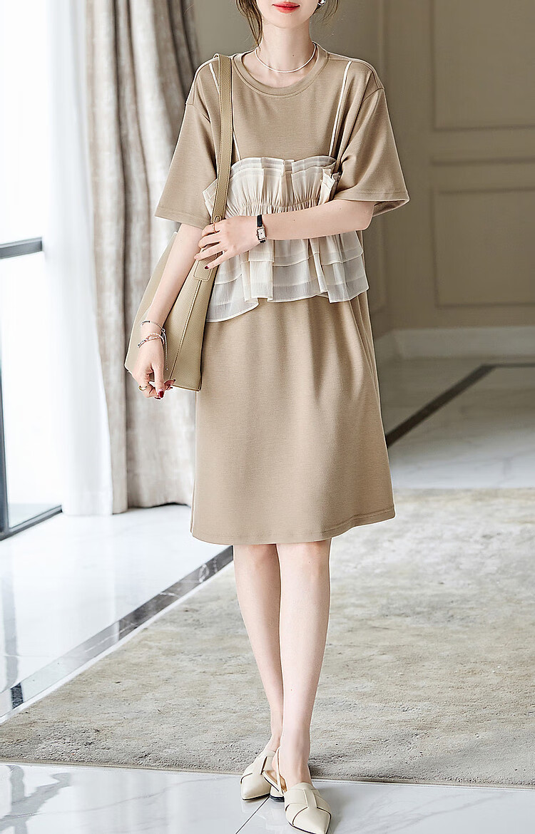 Dme [Light French Style Guide] Summer Round Neck Flowy Mesh Spliced Knit Gentle Knit Dress, Mid-Length for Wome 13