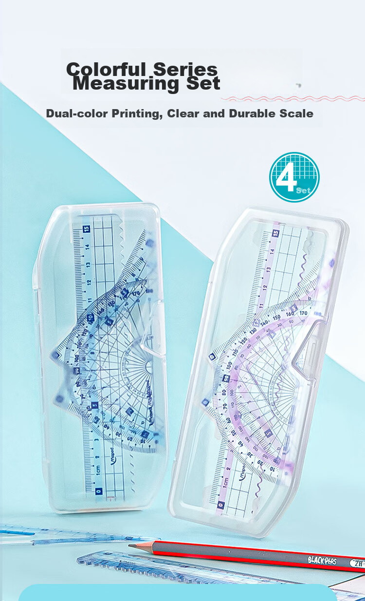 Maped Colorful Multifunctional Ruler Set, 15cm Wave Straight Ruler, 45° Triangle Ruler, 60° Triangle Ruler, 180° Protractor, Study And Exam Ruler Set, Blue, Elementary School Supplies for Back to School 1