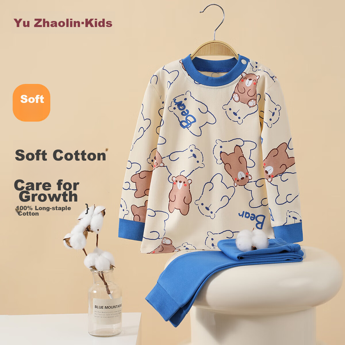 YUZHAOLIN Children's Autumn Underwear Set, Boys And Girls Inner Wear, Cotton Pajamas for Young Kids, Strawberry Pattern, Good Bear Desig