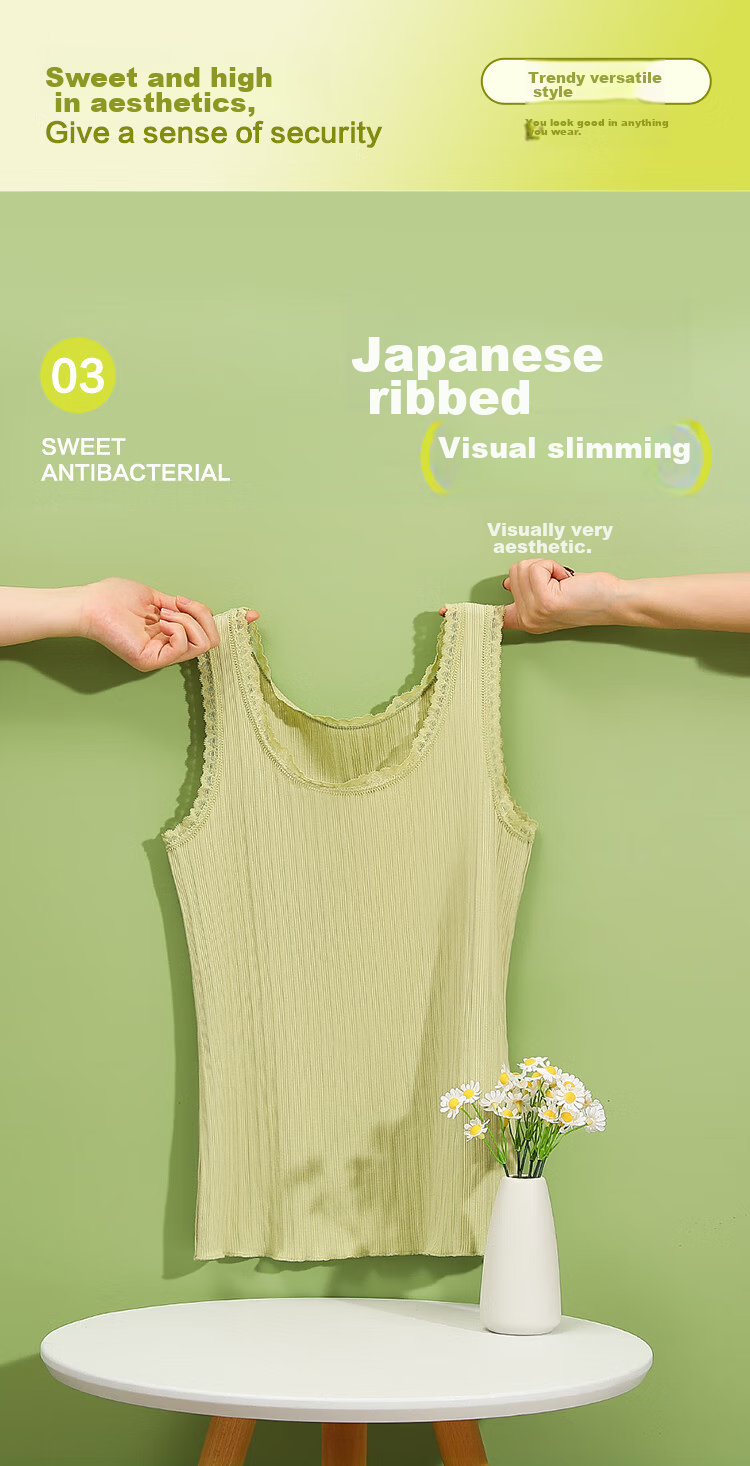 Hodo Women's Summer Vest, Soft Cotton Lace Camisole, Jacquard Vertical Stripes, Breathable Slimming Inner Layer, Avocado Green, Size 175 4