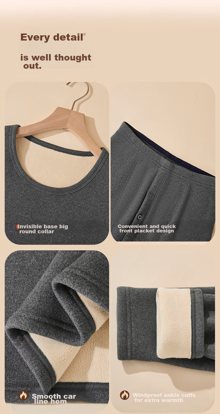 Hengyuanxiang Wool And Silk Thermal Underwear, Fleece-Lined, Extra Thick, Mid-Collar Autumn Top And Bottom Set 14