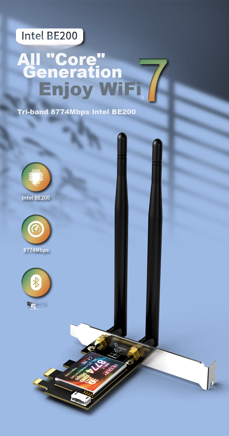 EDUP BE200 Gigabit Gaming WiFi 7 Wireless Network Card, 8774M Tri-Band Desktop Computer Internal PCIE Interface, Wireless Bluetooth 5.4 WiFi Receiver-BE9715 1