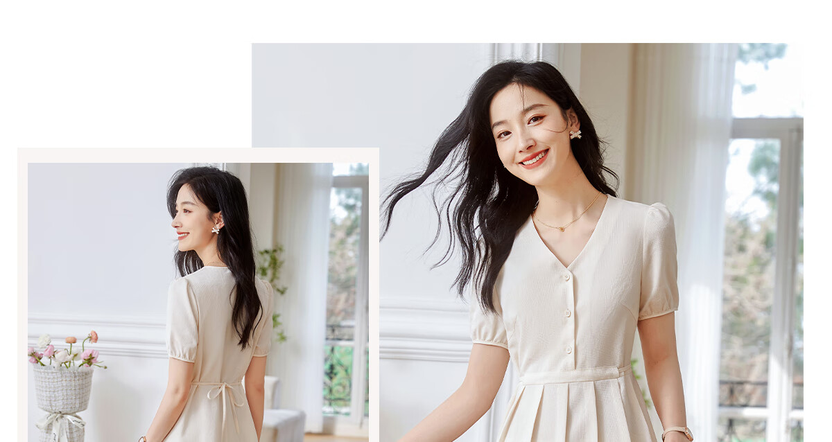 Chushen Summer Short-Sleeve Dress for Women, Fashionable Design V-Neck Waist-Cinching Slimming French-Style Dress S141Q1214 14