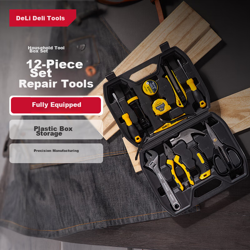 Deli Household Multi-Functional Hardware Toolbox Set, 12-Piece Manual Tool Kit, Electrician Repair Emergency Set