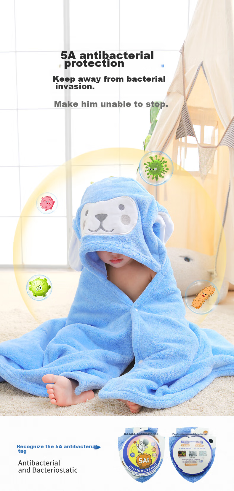 Nanjiren Baby And Child Bath Towel Cape with Hood, Cotton Gauze Absorbent Coral Fleece Bath Towel, Baby Bath Robe Cloak Wrap 3