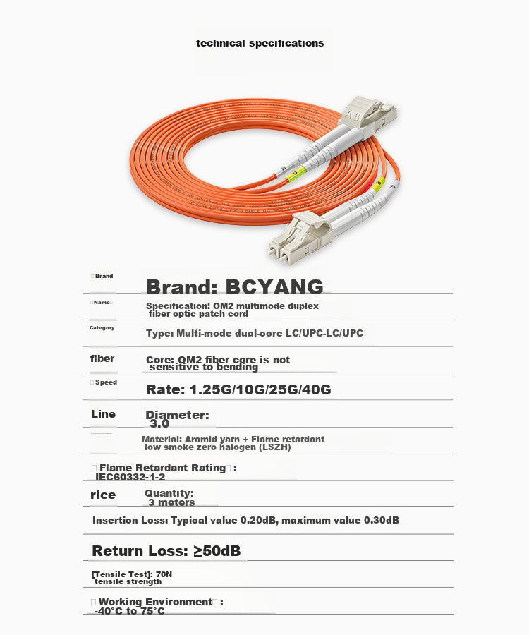 BOYANG Telecom-Grade Fiber Optic Patch Cable LC-LC (UPC) 3 Meters OM2 Multi-Mode 50/125 Dual-Core Duplex Fiber Optic Cable, Transceiver Pigtail BY-3552MM 10