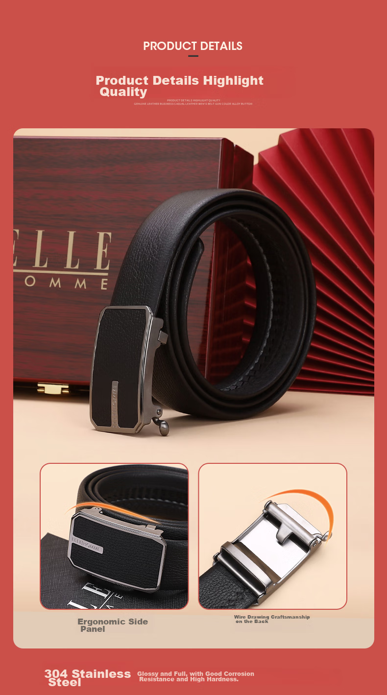 ELLE HOMME Men's Belt, Business Top-Grain Leather Automatic Buckle Waistband, 304 Stainless Steel Buckle Head, Birthday Gift for Me 5