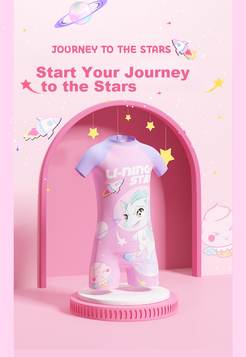 Li-Ning Children's Swimsuit, Girls' One-Piece Cartoon Print, Breathable Quick-Dry Swimwear, Hot Spring Bathing Suit, 906 Pink, Size 130 3