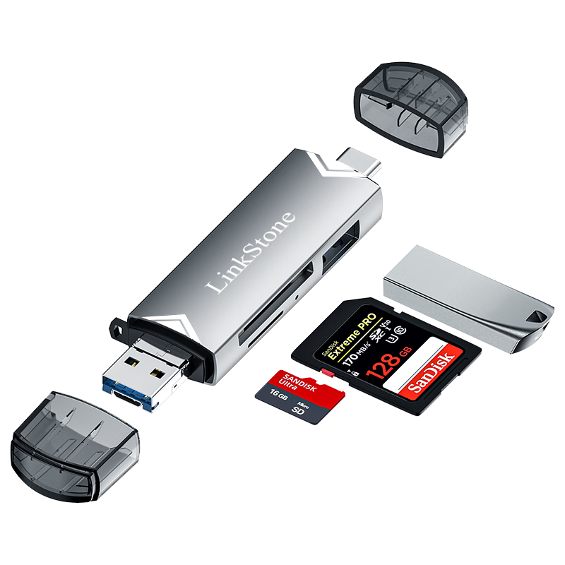 LinkStone Multi-Functional Expansion Dock 6-In USB 3.0 High-Speed Card Reader Supports SD/TF for Dash Cam Storage, Camera Memory Card USB Adapter Splitter Silver