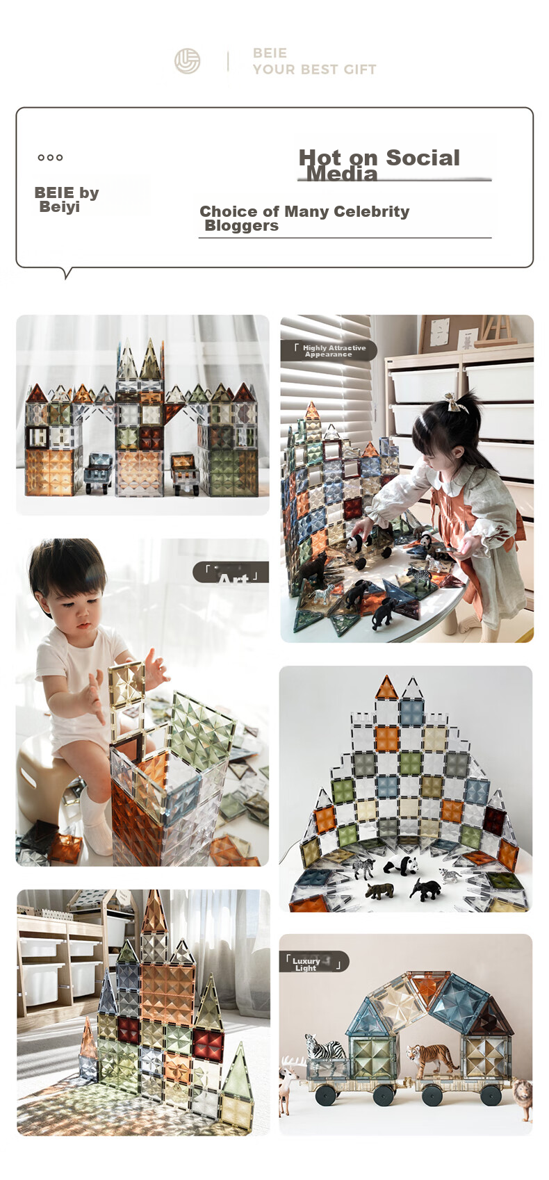 BEIESTATE Magnetic Nature Building Blocks, Children's Toy Construction Set, Double 4D Diamond Surface Colorful Window, 60 Pieces, Gift for Kids 1