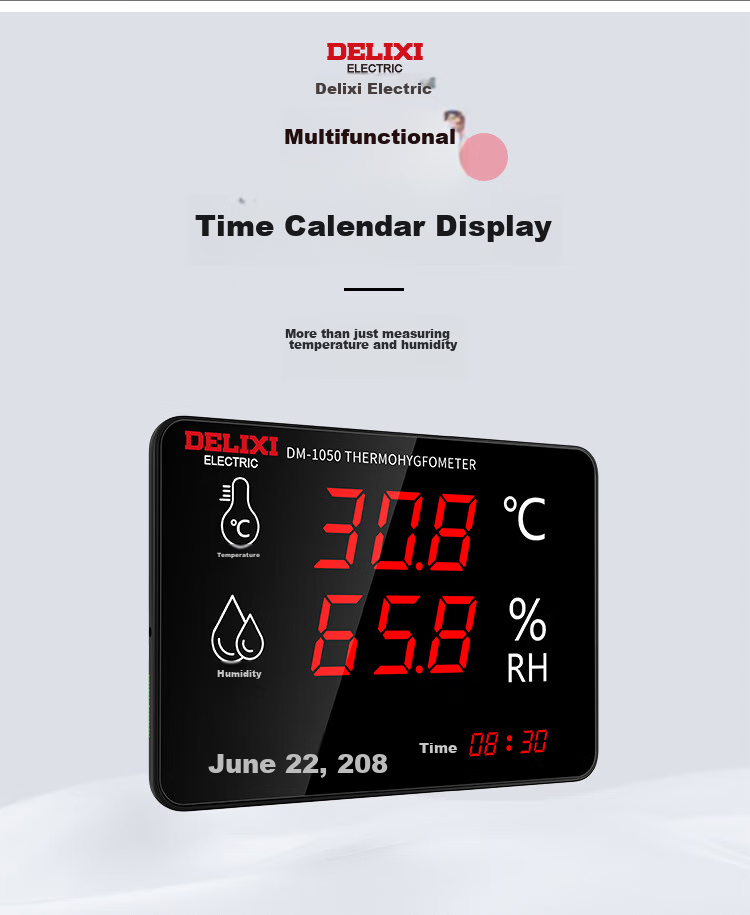 DELIXI ELECTRIC Industrial High-Precision Temperature And Humidity Meter Wall-Mounted External Probe Ultra-Warm Alarm Display Large Screen Home Use 10