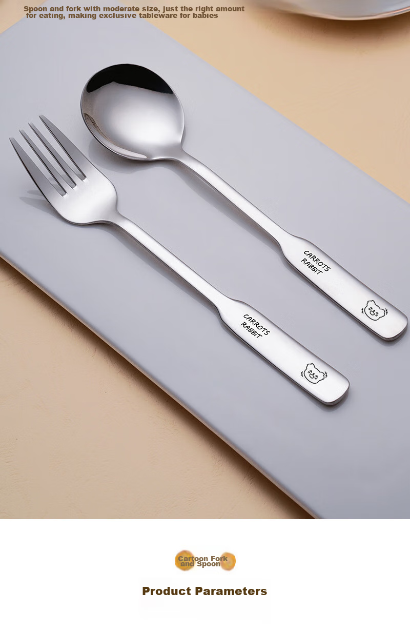 Edo 316 Stainless Steel Children's Fork And Spoon Set with Long Handles, Cartoon Design, Home Dining Utensils, 2-Piece Set, Bear Patter 6