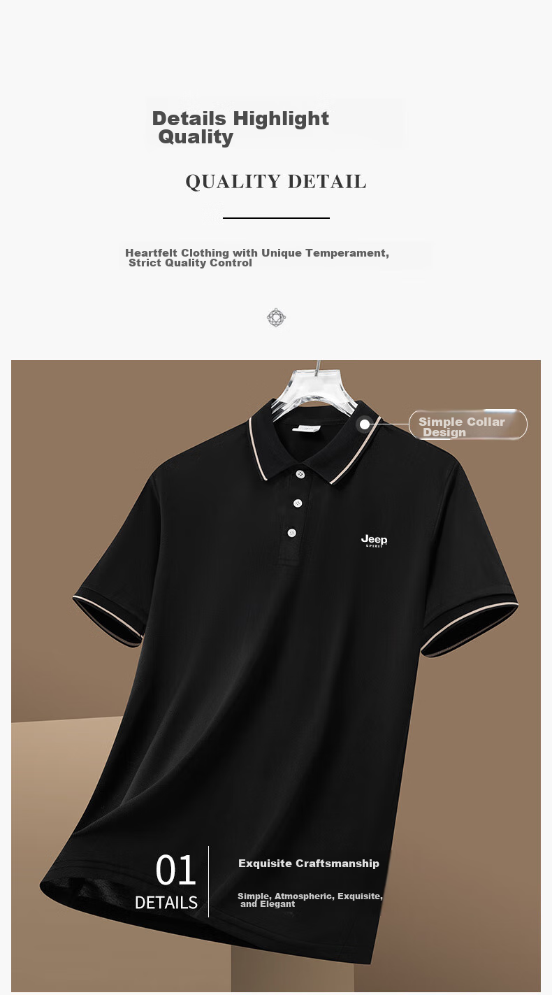 JEEP SPIRIT Men's Short-Sleeve T-Shirt, Summer Business Casual Polo Shirt with Collar, Solid Color Breathable, Black, Size L 5