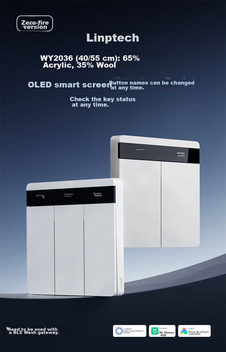 Linptech Smart Screen Switch E2 Lite Customizable Button Names Integrated with Mijia APP Zero Fire Three-Button White 1