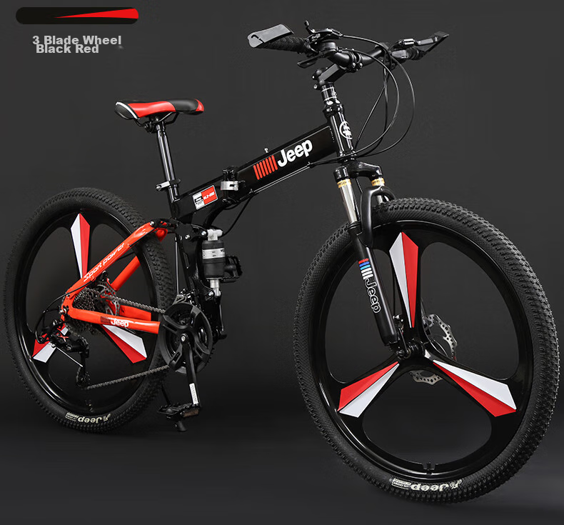 Jeep Folding Mountain Bike, 27-Speed, Dual Shock Absorption, Disc Brakes, Off-Road Gears, Single-Speed Bicycle, Zhanshen Black And Red, Three-Gear Ratio 18