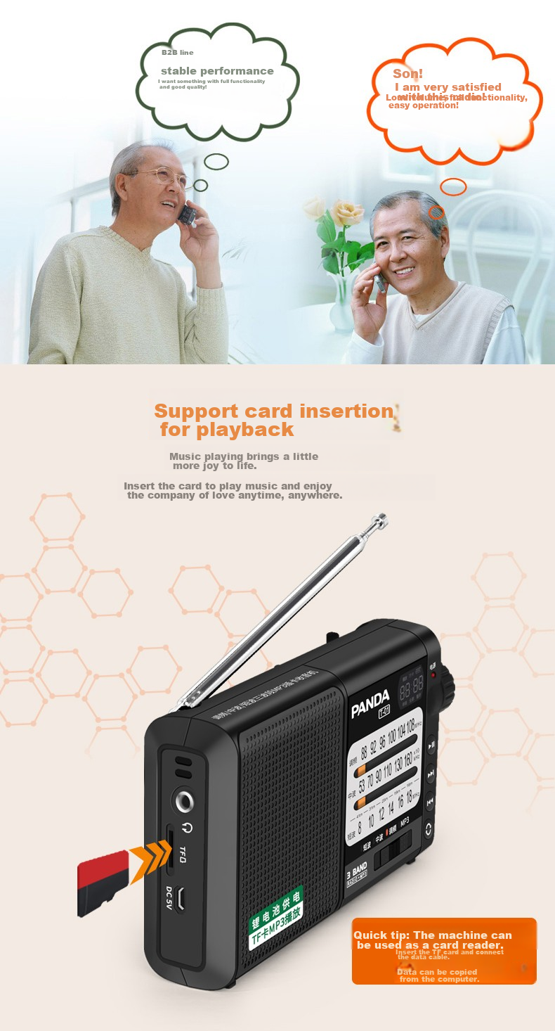 Panda T-01, Gift for The Elderly, Mini Three-Band Semiconductor, Full Band Radio, Card-Slot Lithium Battery Digital Audio Player (Silver) 6
