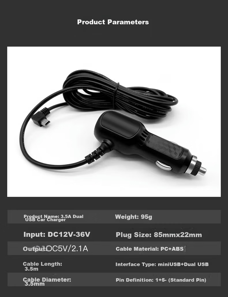 Meiyazhixing Car Charger, 3.5-Meter Cigarette Lighter Power Cord, Dash Cam Power Cable, Dual USB Ports, Digital Display 15