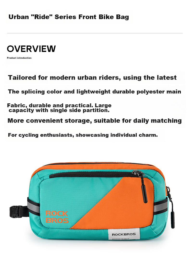 ROCKBROS Bicycle Front Bag for Mountain And Road Bikes, Handlebar Storage Pouch with Reflective Strips, Commuter Cycling Gear, Blue And Orange Color 2