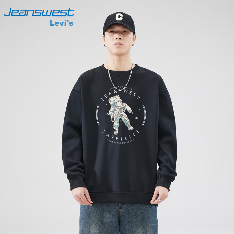 Jeanswest Sweatshirt, Men's Round Neck, Trendy Brand, 2026 Autumn Top, Fashionable Loose Pullover, Men's Jacket, Black, XL