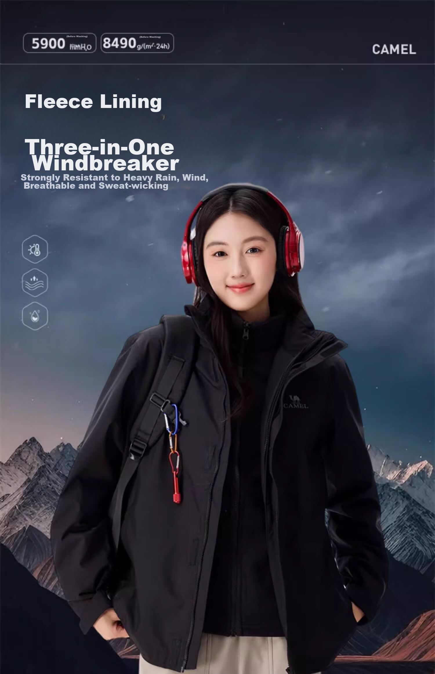 CAMEL Women's Three-In Jacket with Detachable Fleece Inner Layer, Thickened Windproof And Waterproof, U1W1TR342 2