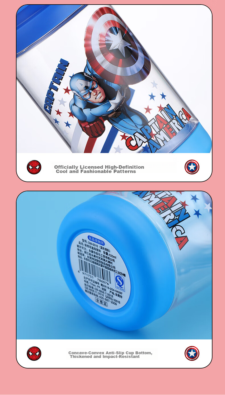 Disney Kids Water Bottle with Straw Large Capacity High Temperature Resistant Plastic Water Bottle Double Lid Drinking Cup for Boys and Girls Elementary Students 15