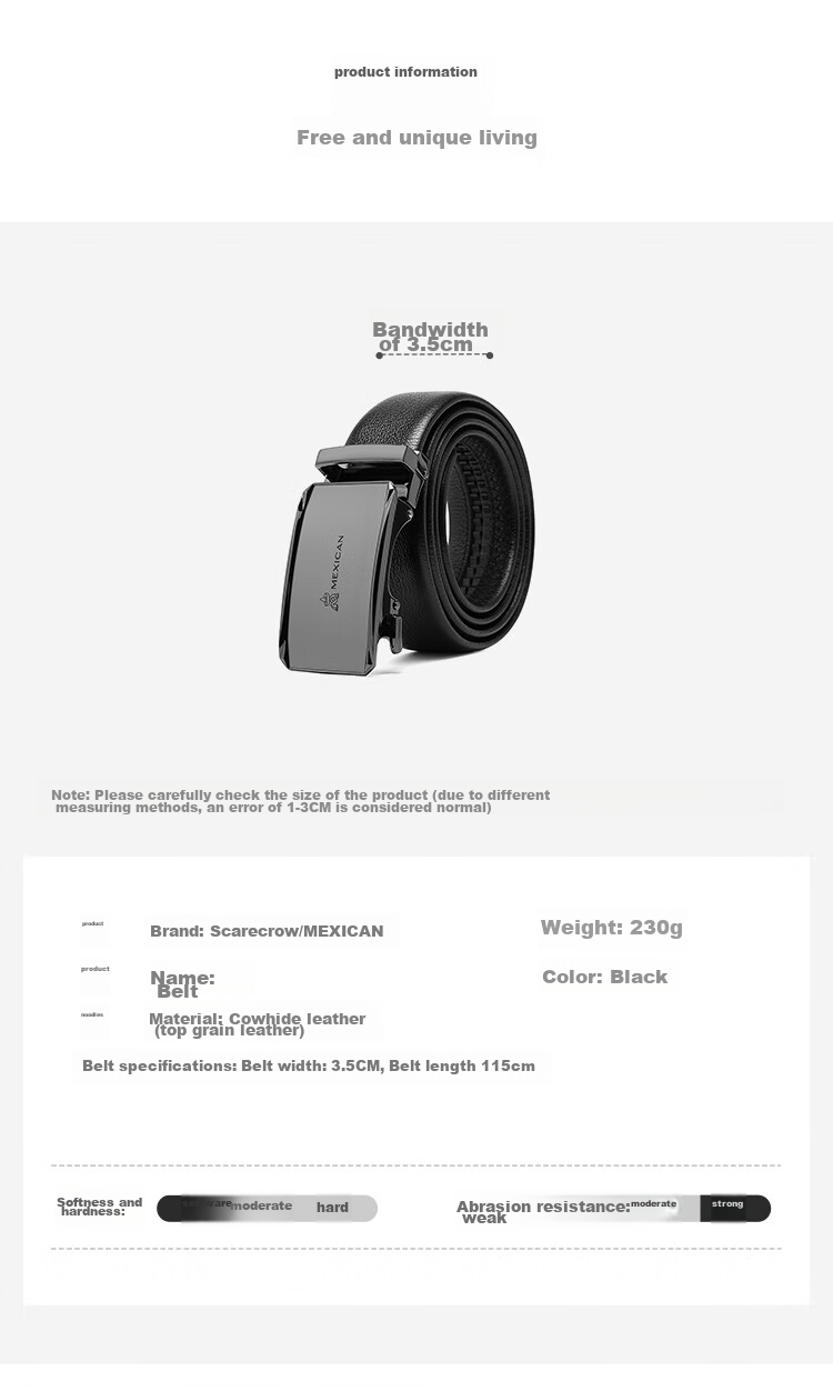 MEXICAN Men's Leather Belt with Automatic Buckle, Genuine Top-Grain Cowhide Business Waistband Casual Trouser Belt Birthday Gift for Men And Fathers 10