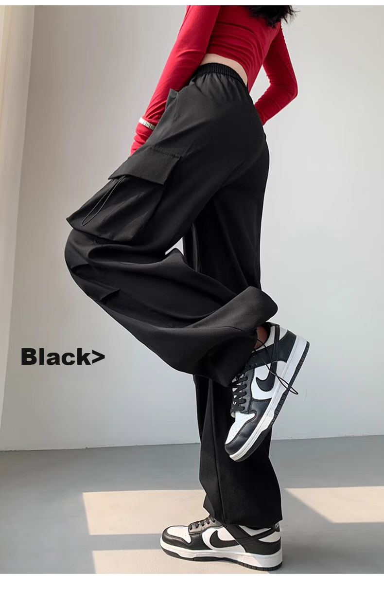 LangSha American-Style Parachute Cargo Pants for Women, Summer Ice Silk High-Waist Wide-Leg Loose Casual Quick-Dry Outdoor Sports Pants 16