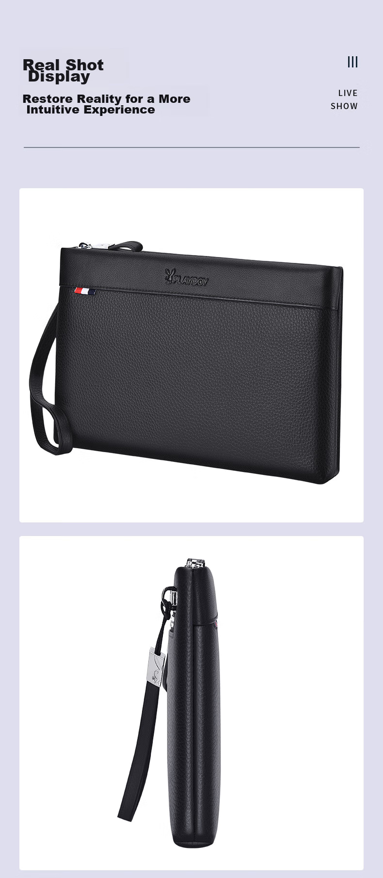 PLAYBOY Men's Clutch, Top-Grain Leather Handbag, Practical Envelope Bag, Large Capacity Handheld Purse, Birthday Gift 8