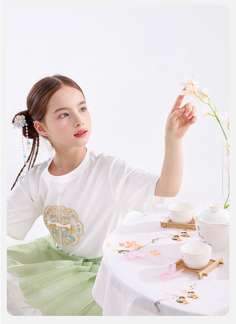Duomiaowu Girls' Short-Sleeve T-Shirt, Summer Children's Top, Big Kids' Chinese-Style Summer Outfit, Stylish Undershirt, 81869 White, Size 120 7